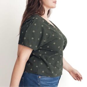 Olive Green Textured V-Neck Top with Front Gather & Back V Detail